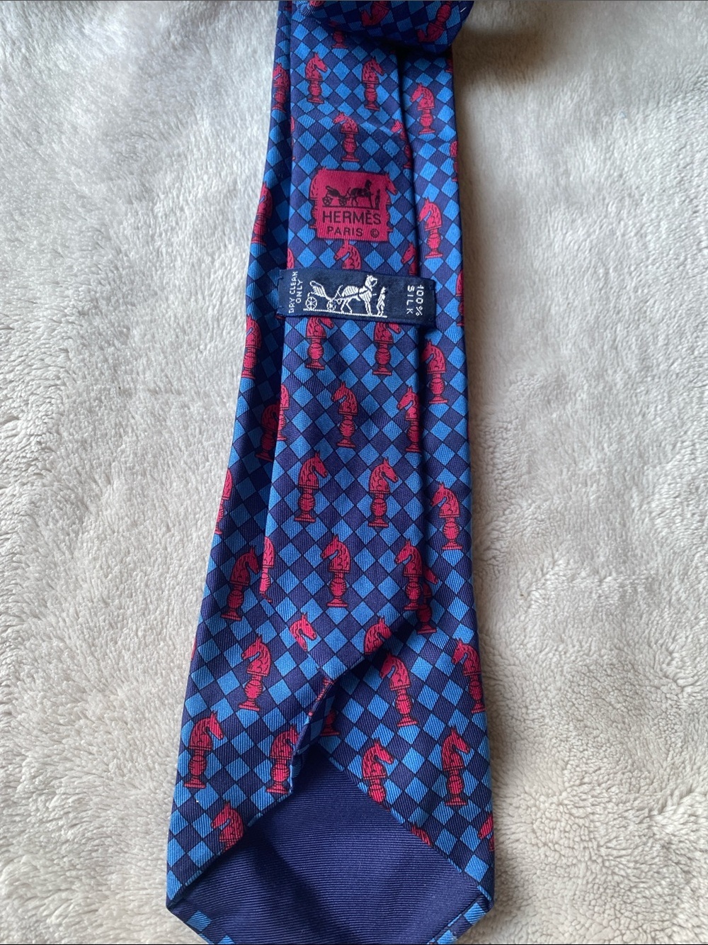 Hermes Blue and Red Chessboard Knight Silk Tie